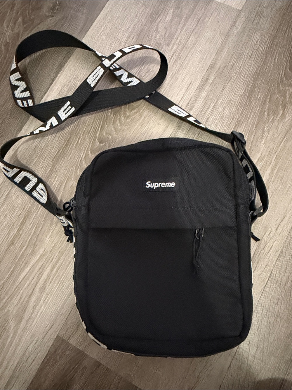 Supreme Black Shoulder Crossbody Bag with White Logo Strap